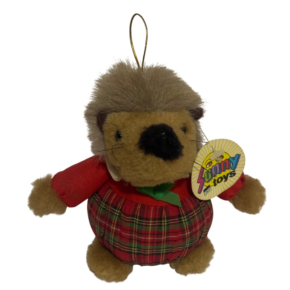 Vintage Germany Sunny Toys Plush Hedgehog Ornament Red Plaid Outfit 31074